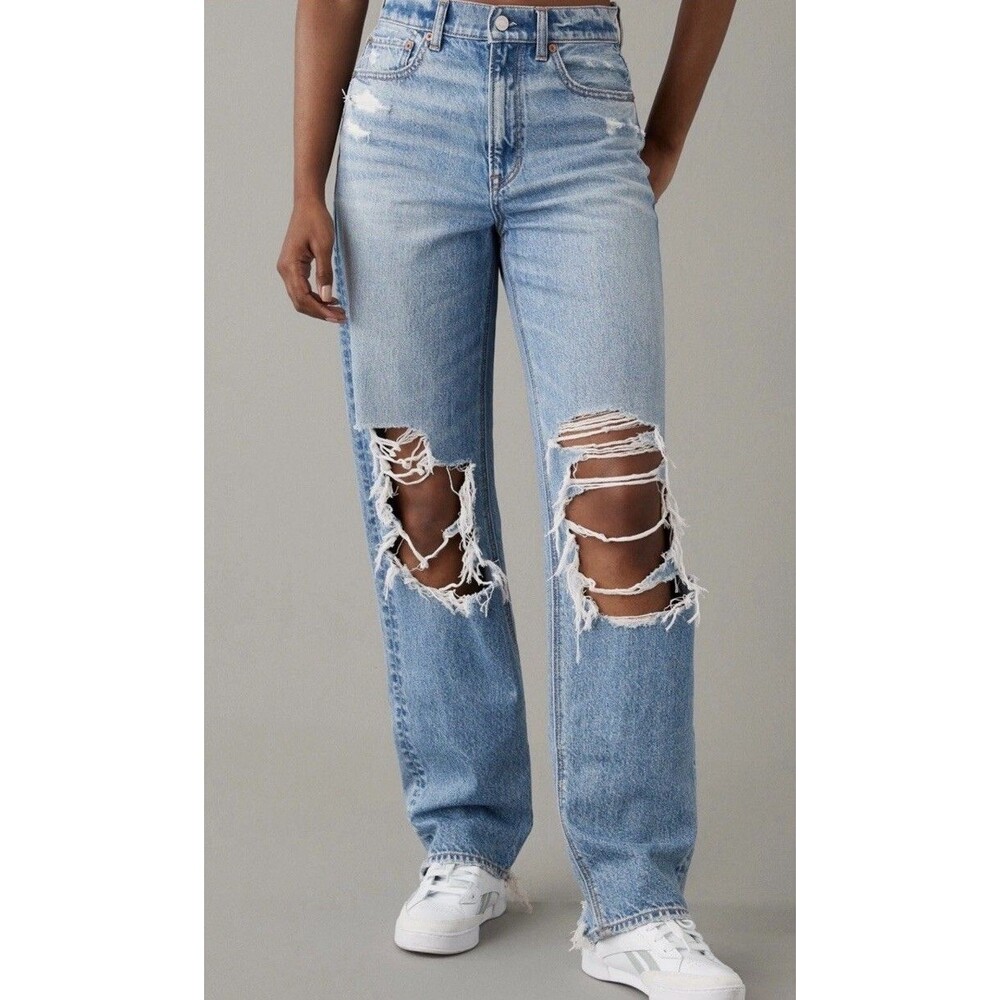 American Eagle Highest Rise Baggy Straight Jeans Size 14R Light Wash Distressed - Picture 6 of 14